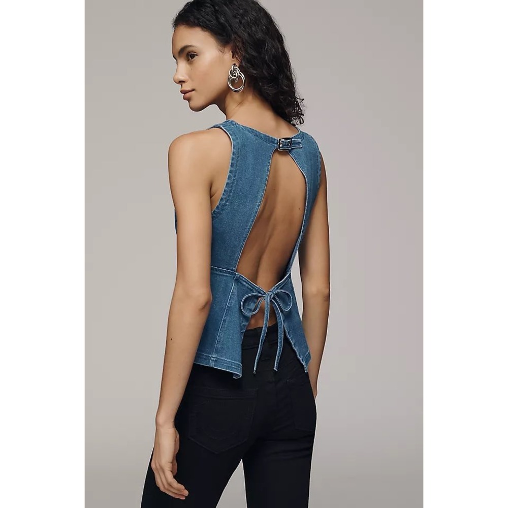Pilcro Cotton Lyocell Blue Denim Open-Back Peplum Top Size Medium Minimalist